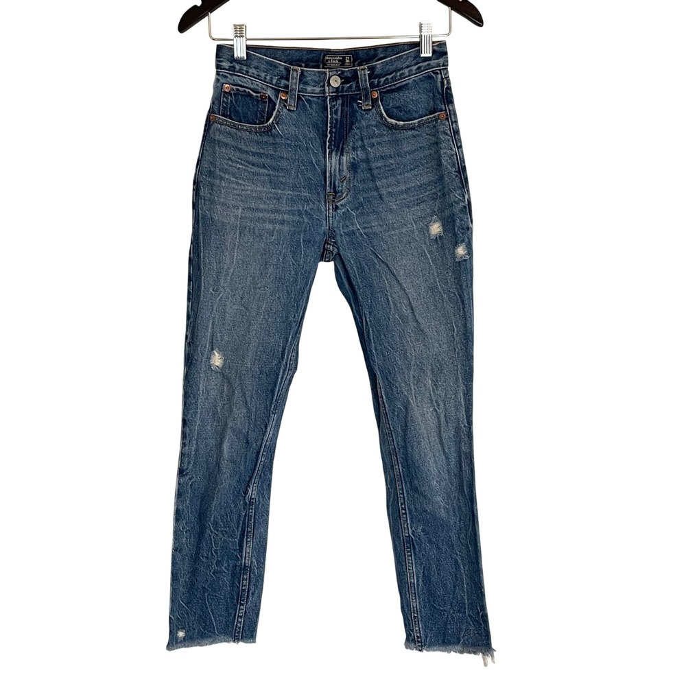 Abercrombie & Fitch High Rise Mom Jeans Medium Wash Distressed Raw Hem 24 00R